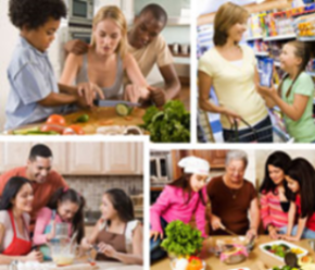 Photo collage of families cooking food together